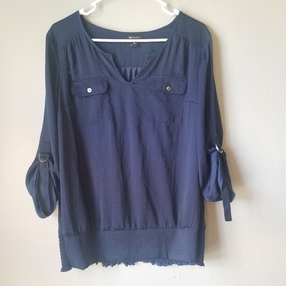 Navy Blouse with Cinched waist 3/4 sleeves